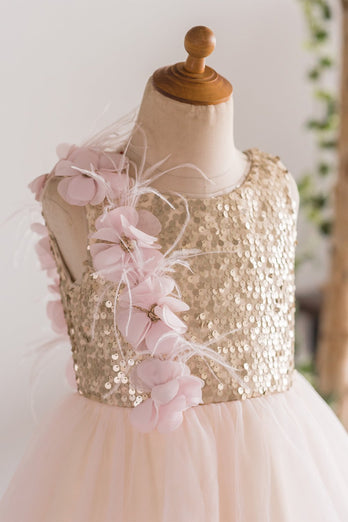 Vestido de menina flor de lantejoulas de champanhe
