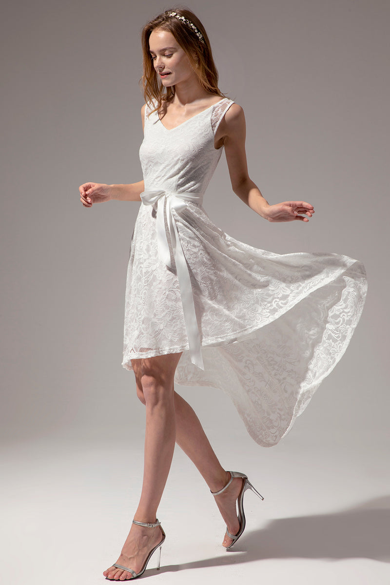 Carregar imagem no visualizador da galeria, Vestido branco de renda alta-baixa