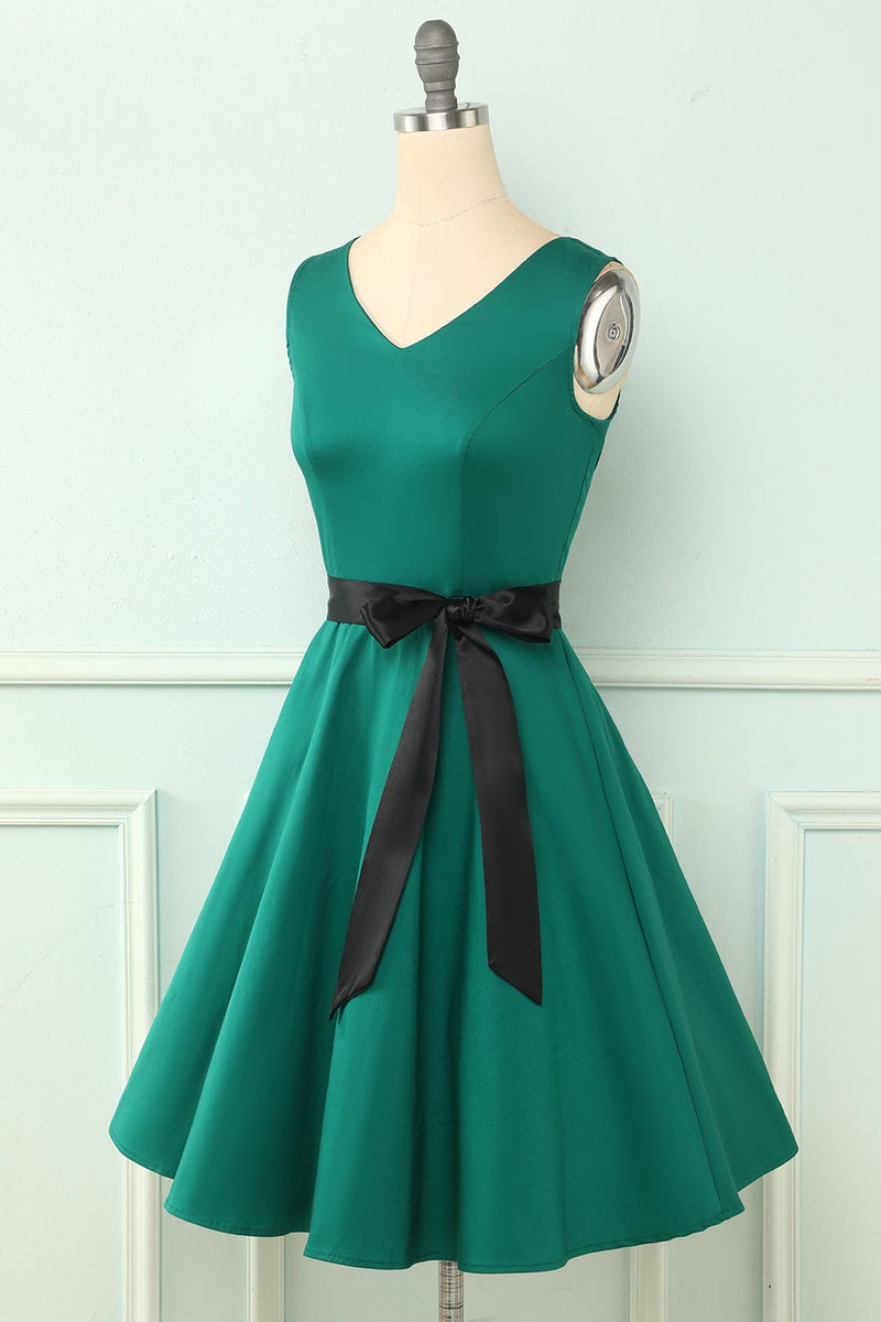 Carregar imagem no visualizador da galeria, Vestido vintage de pescoço v verde com mangas