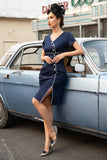 Vestido de Sheath V Neck Neck Navy 1960s