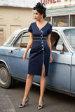 Vestido de Sheath V Neck Neck Navy 1960s