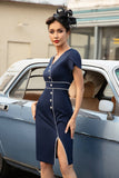 Vestido de Sheath V Neck Neck Navy 1960s