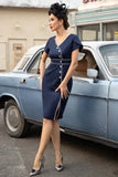 Vestido de Sheath V Neck Neck Navy 1960s