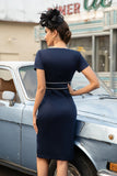 Vestido de Sheath V Neck Neck Navy 1960s