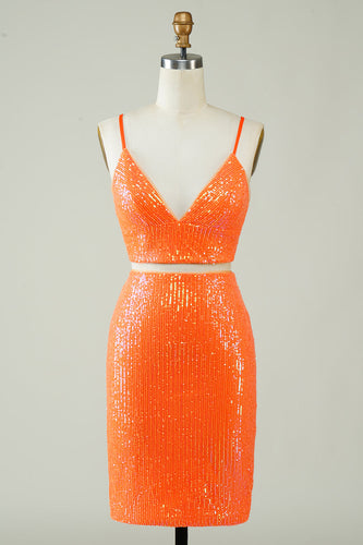 Duas peças laranja Sequins apertado Homecoming Dress