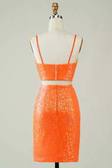 Duas peças laranja Sequins apertado Homecoming Dress
