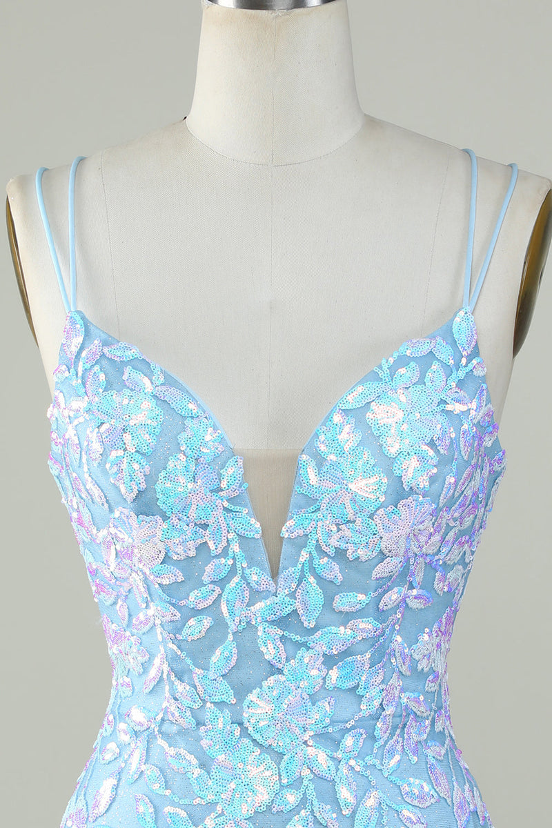 Carregar imagem no visualizador da galeria, Sparkly Lace-Up Back Vestido Homecoming Azul Claro