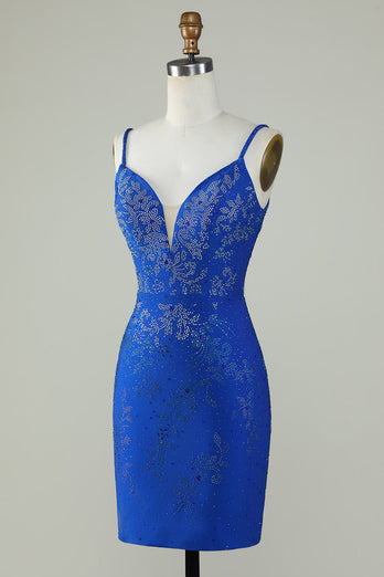 Royal Blue Frisado Esparguete Correias Bodycon Homecoming Dress