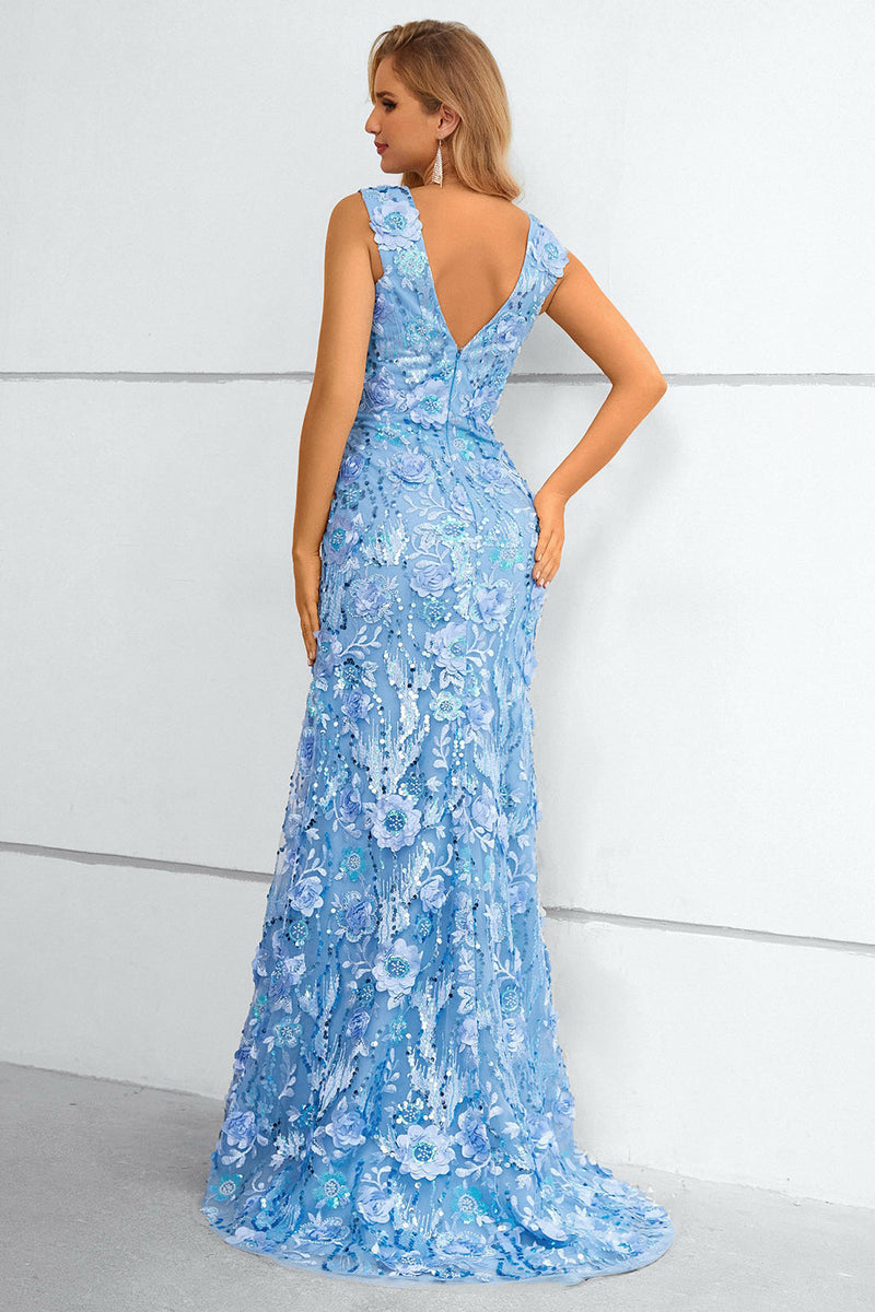 Carregar imagem no visualizador da galeria, Vestido de baile de sereia azul com flores e apliques