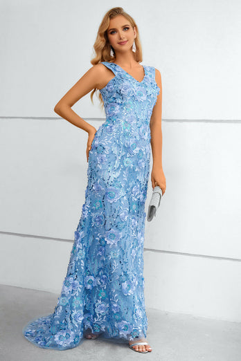 Vestido de baile de sereia azul com flores e apliques