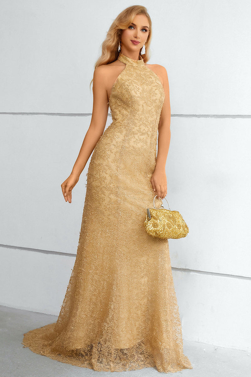 Carregar imagem no visualizador da galeria, Vestido de baile de sereia halter dourado