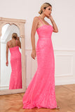 Vestido de baile de spaghetti de lantejoulas cor-de-rosa quente