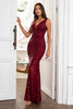 Carregar imagem no visualizador da galeria, Vestido de baile de lantejoulas de pescoço profundo de Sheath Deep V Burgundy Sequins