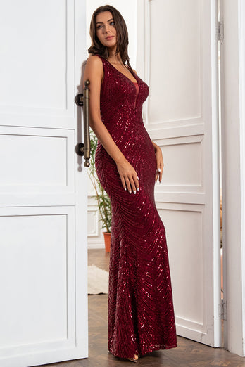 Vestido de baile de lantejoulas de pescoço profundo de Sheath Deep V Burgundy Sequins