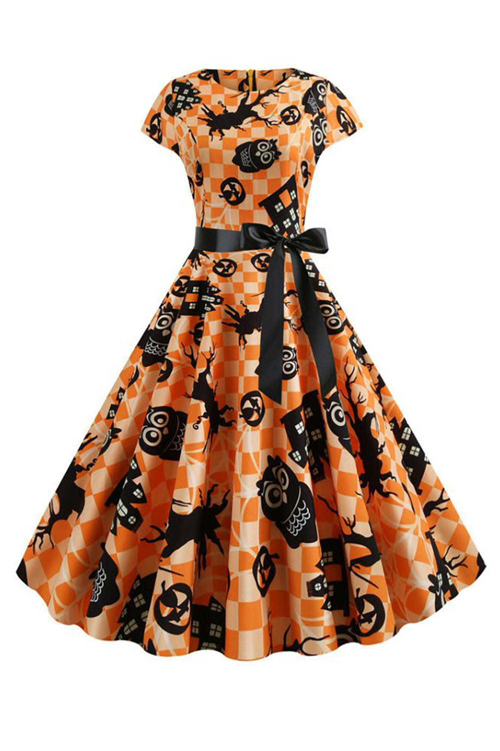 Vestido laranja impresso halloween vintage 1950s