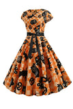 Vestido laranja impresso halloween vintage 1950s