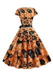 Vestido laranja impresso halloween vintage 1950s