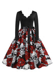 Vestido vintage de manga comprida de crânio de Halloween vermelho
