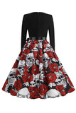 Vestido vintage de manga comprida de crânio de Halloween vermelho