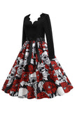 Vestido vintage de manga comprida de crânio de Halloween vermelho