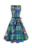 Vestido de Natal de impressão de xadrez vintage verde