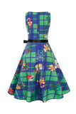 Vestido de Natal de impressão de xadrez vintage verde