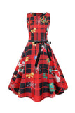 Vestido de Natal de impressão de xadrez vintage verde