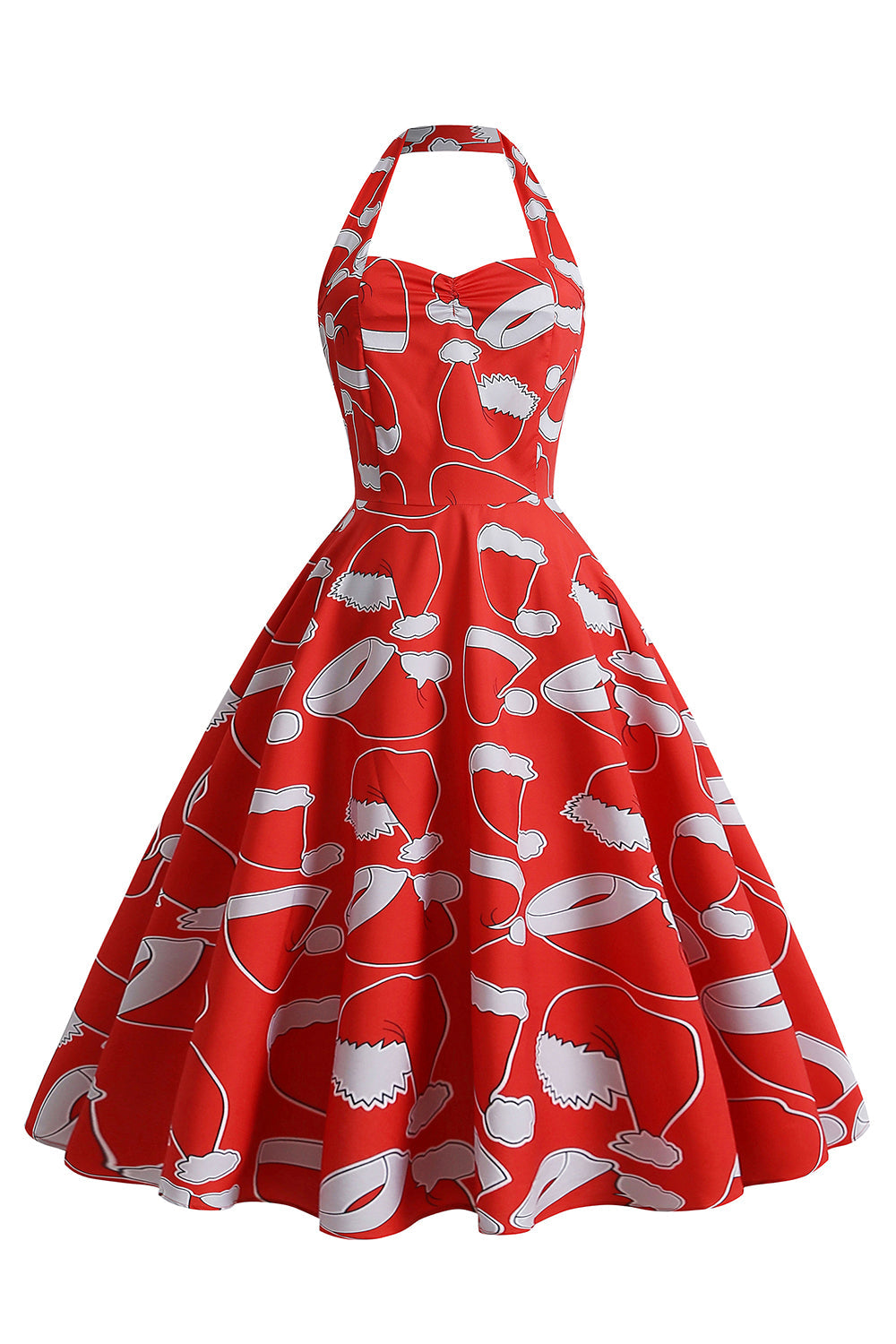 Halterneck Santa Imprimir Vestido vermelho de Natal