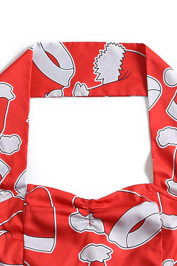 Halterneck Santa Imprimir Vestido vermelho de Natal
