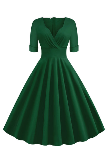 Vestido verde de manga curta V-Neck 1950