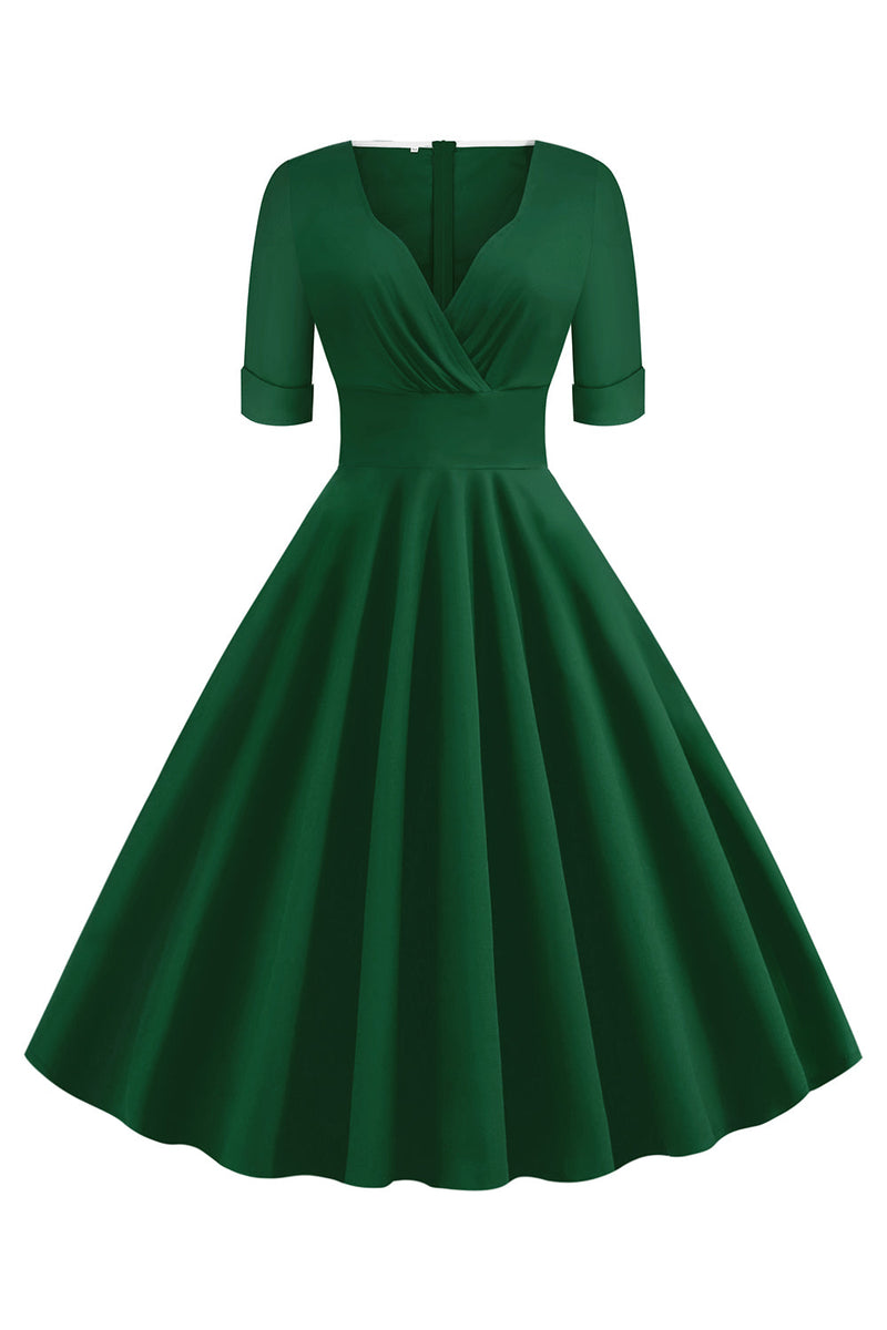 Carregar imagem no visualizador da galeria, Vestido verde de manga curta V-Neck 1950