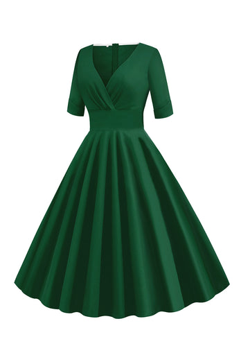 Vestido verde de manga curta V-Neck 1950
