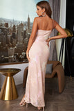 Spaghetti rosa claro tiras jacquard vestido de baile com fenda