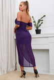 Violet fora do ombro vestido de convidado de casamento lantejoula