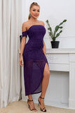 Violet fora do ombro vestido de convidado de casamento lantejoula