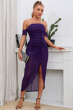 Violet fora do ombro vestido de convidado de casamento lantejoula