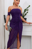 Violet fora do ombro vestido de convidado de casamento lantejoula