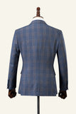 Azul Xadrez Duple Peito Lapela de Pico 2 Peças Terno Masculino