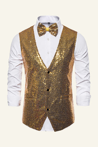 Dourado Lantejoulas Colete Masculino Com Gravata Borboleta