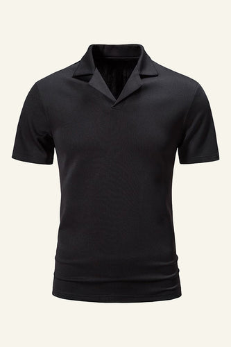 Slim Gola em V Mangas Curtas Preto Camisa Polo