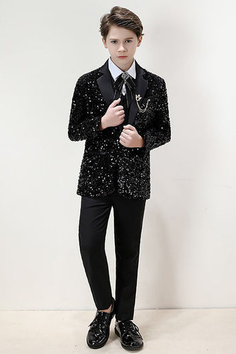 Conjunto de terno formal de 3 peças de lapela preta brilhante Sequins Boys