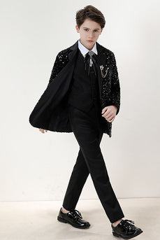 Conjunto de terno formal de 3 peças de lapela preta brilhante Sequins Boys
