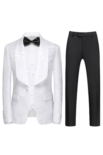 Homens Branco Jacquard 3-Piece Xaile Lapel Prom Suits