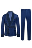 Azul escuro Jacquard xaile lapela 2 peças homens ternos de baile com cinto
