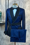 Jacquard azul escuro 2 peças homens ternos de baile com cinto