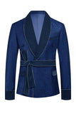 Azul escuro Jacquard xaile lapela 2 peças homens ternos de baile com cinto