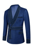Azul escuro Jacquard xaile lapela 2 peças homens ternos de baile com cinto