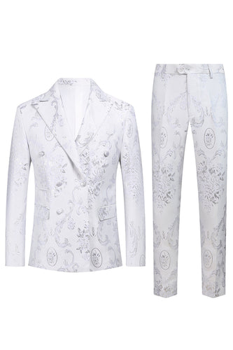 Branco Floral Jacquard Pico Lapela Homens Prom Suits