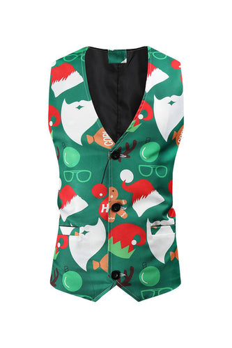 Green Single Breasted Printed Men's Christmas Suit Vest