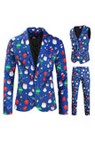 Homens Azul Natal Impresso 3-Piece One Button Party Suits
